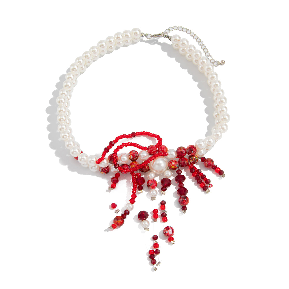 Red Acrylic and Pearl Silvertone Layered Necklace, everyday style, front view