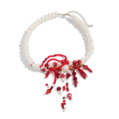 Red Acrylic and Pearl Silvertone Layered Necklace, everyday style, front view