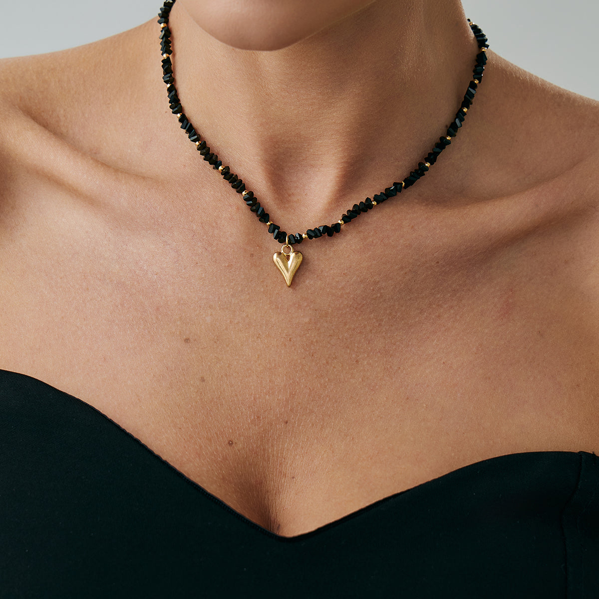 Black Acrylic and Goldtone Heart Pendant Necklace, everyday style, lifestyle look