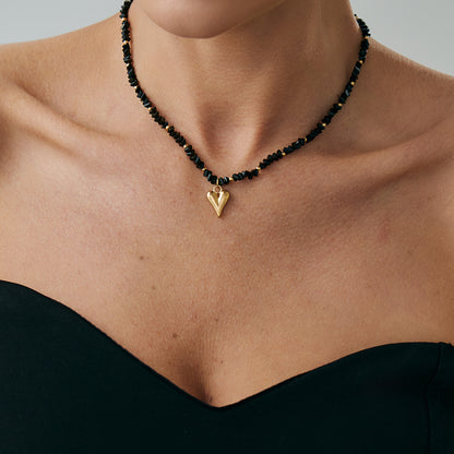 Black Acrylic and Goldtone Heart Pendant Necklace, everyday style, lifestyle look