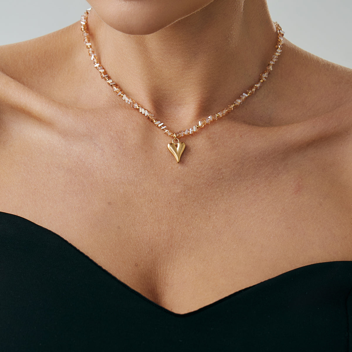 Champagne Acrylic and Goldtone Heart Pendant Necklace, botanical inspired, lifestyle look