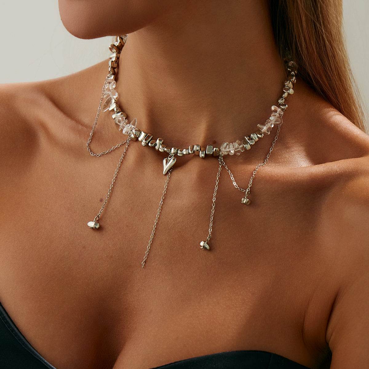 Clear Resin and Silvertone Heart Tassel Necklace, everyday style, styled look