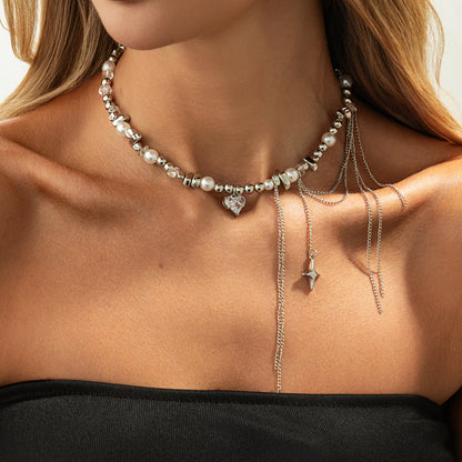Clear Resin and Crystal Pearl Silvertone Heart Pendant Tassel Necklace, botanical inspired, styled look