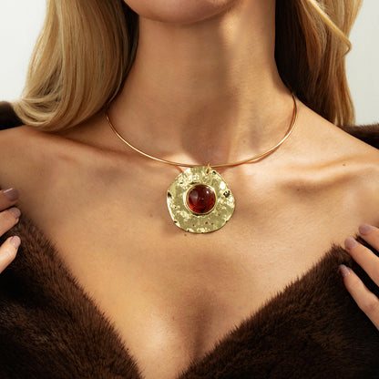 Red Resin and Goldtone Hammered Round Pendant Choker, everyday style, styled look