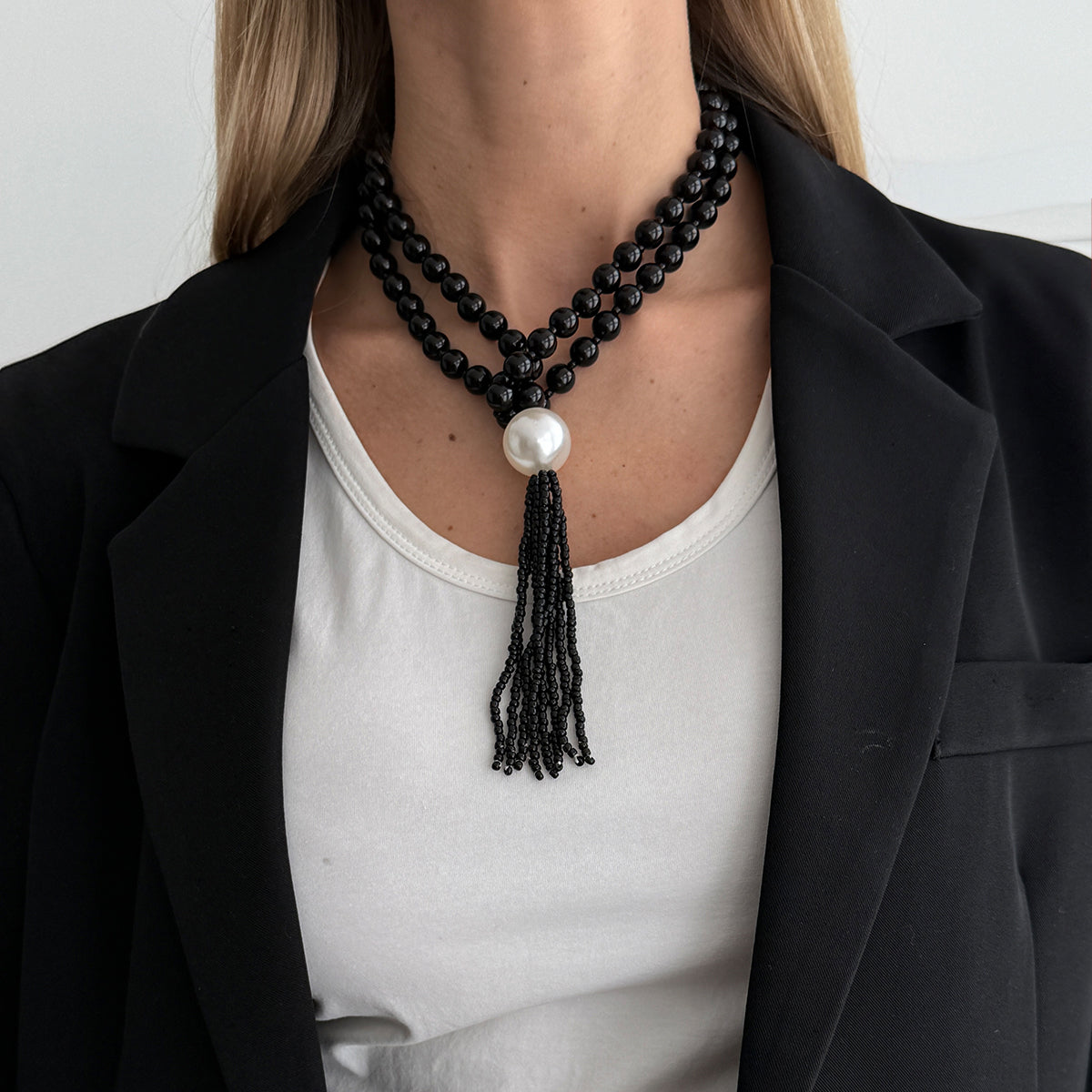Black Resin and Pearl Big Ball Tassel Necklace, dainty minimalist design, styled look