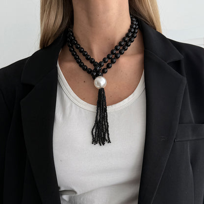 Black Resin and Pearl Big Ball Tassel Necklace, dainty minimalist design, styled look