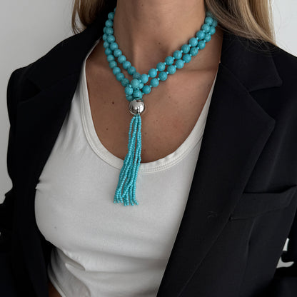 Blue Resin and Silvertone Big Ball Tassel Necklace, everyday style, lifestyle look