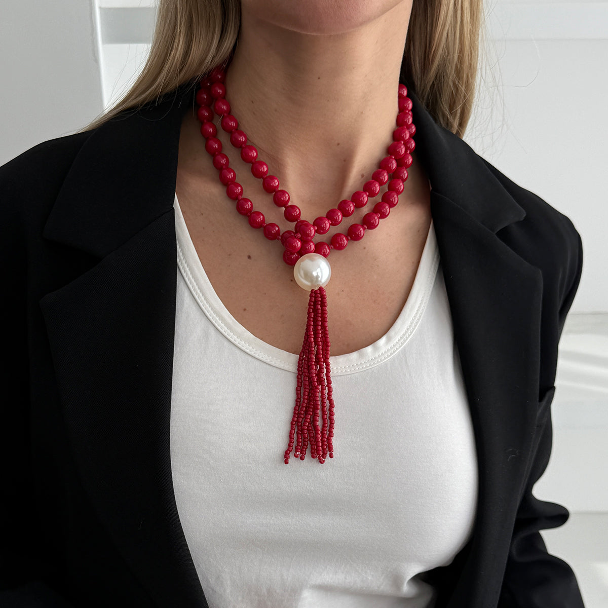 Red Resin and Pearl Big Ball Tassel Necklace, elegant gift for her, lifestyle look