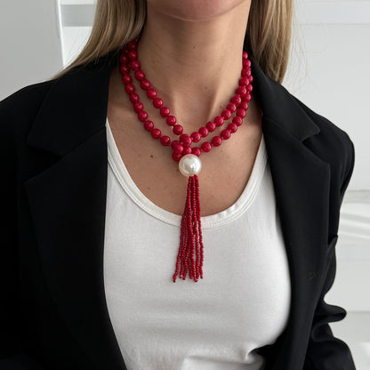 Red Resin and Pearl Big Ball Tassel Necklace, elegant gift for her, lifestyle look