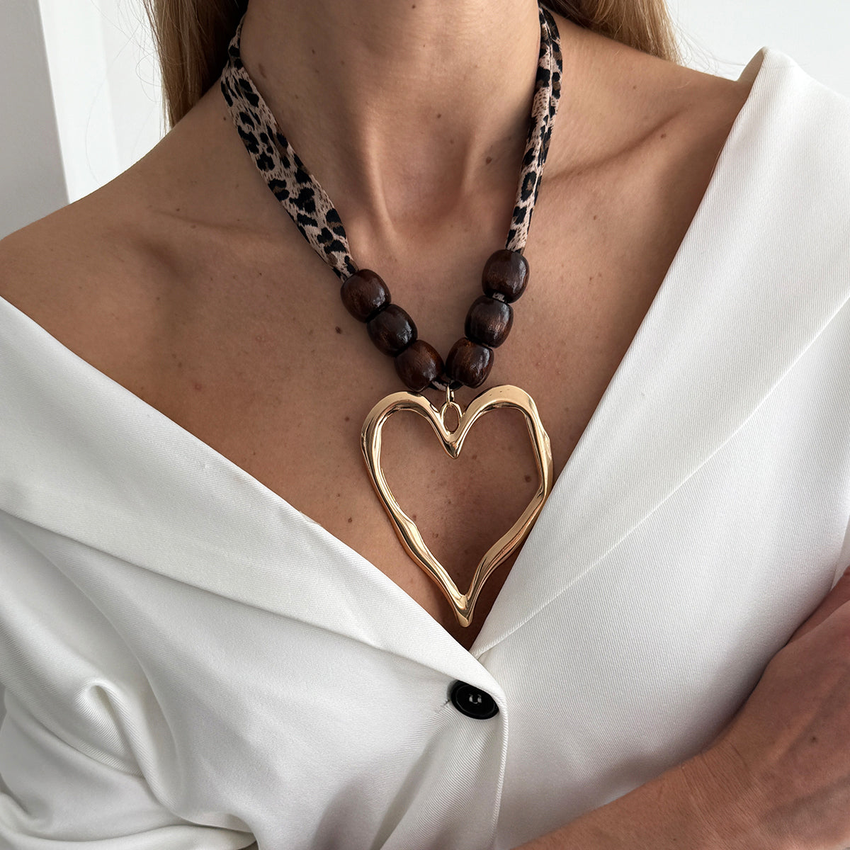 Polyster and Wood Goldtone Open Heart Pendant Necklace, everyday style, styled look