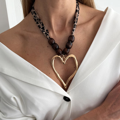 Polyster and Wood Goldtone Open Heart Pendant Necklace, everyday style, styled look