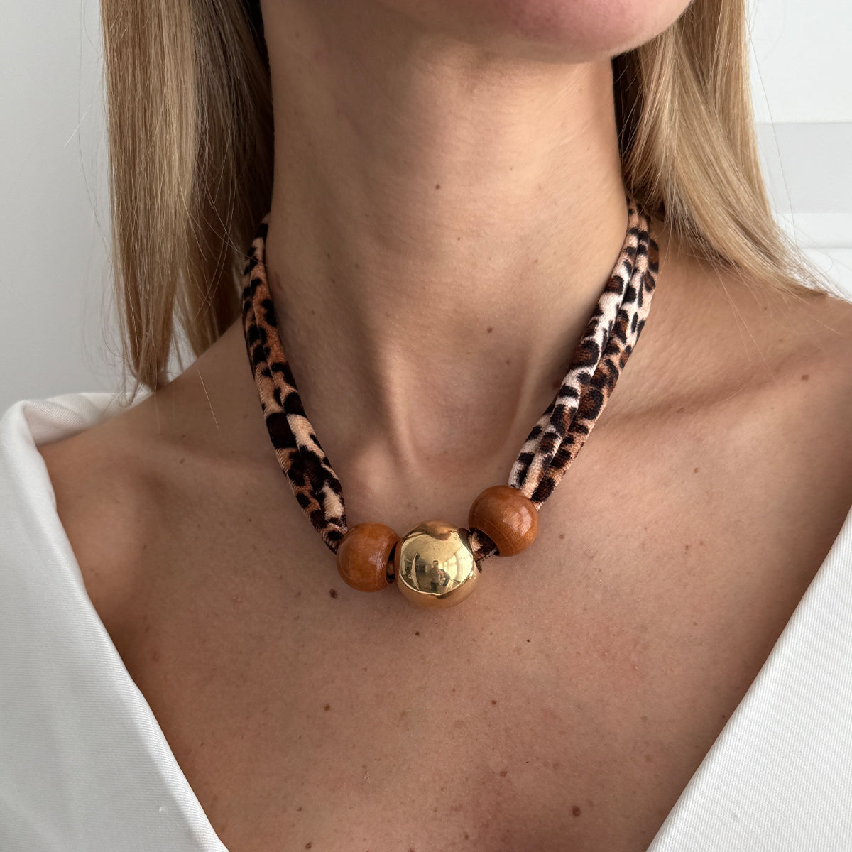 Polyster and Wood Goldtone Ball Collar Necklace, vintage-inspired design, styled look