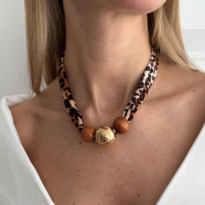 Polyster and Wood Goldtone Ball Collar Necklace, vintage-inspired design, styled look