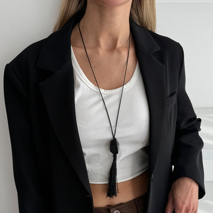 Black Irregular Resin and Polyster Tassel Necklace, elegant gift for her, lifestyle look