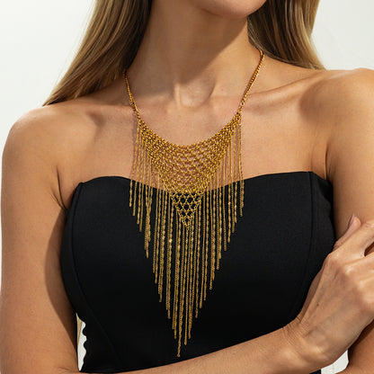 Goldtone Netted Rhombus Tassel Necklace, everyday style, styled look