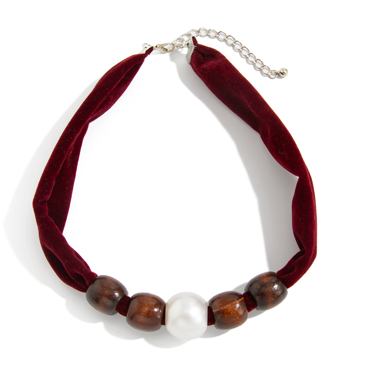 Wine Red Polyster and Wood Pearl Silvertone Ball Collar Necklace, everyday style, front view
