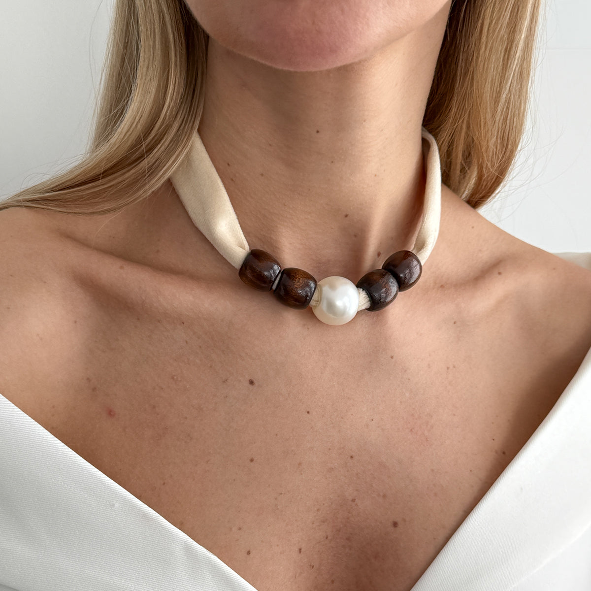 Beige Polyster and Wood Pearl Silvertone Ball Collar Necklace, everyday style, styled look