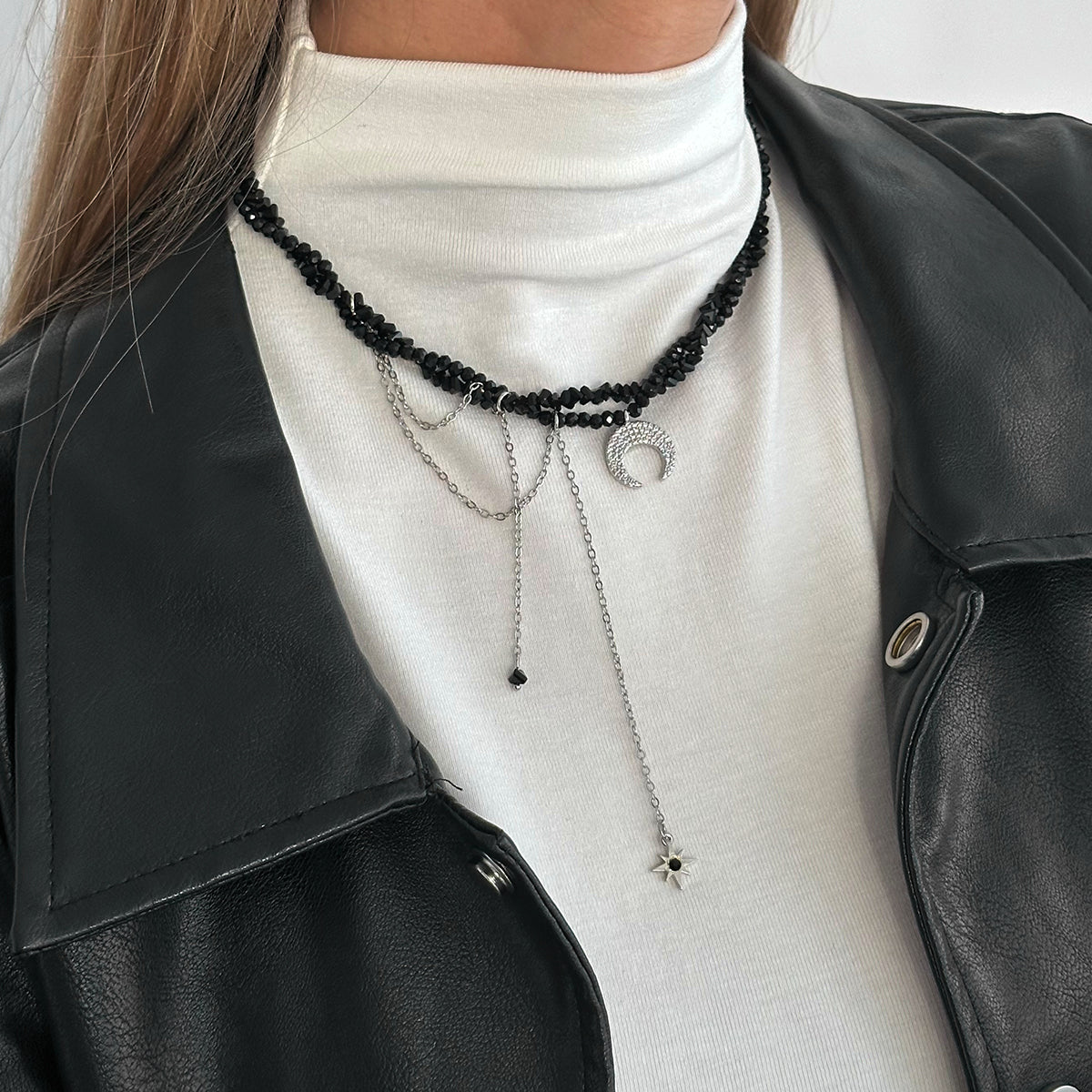 Black Acrylic and Silvertone Hammered Moon Pendant Tassel Necklace, elegant gift for her, styled look