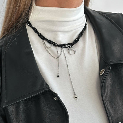 Black Acrylic and Silvertone Hammered Moon Pendant Tassel Necklace, elegant gift for her, styled look