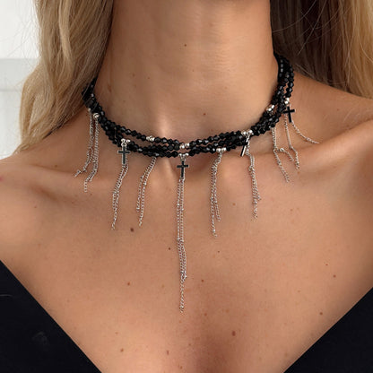 Black Acrylic and Enamel Silvertone Cross Tassel Layered Collar Necklace, vintage-inspired design, lifestyle look