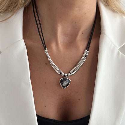Black Polyster and Crystal Silvertone Beaded Triangle Pendant Necklace, botanical inspired, styled look