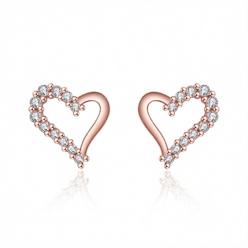 Cubic Zirconia and 18K Rose Gold-Plated Heart Stud Earrings, rose gold stud earrings for women, side view