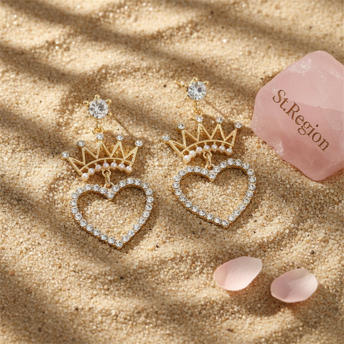 Pearl and Cubic Zirconia 18K Gold-Plated Crown Heart Drop Earrings, gold drop earrings for women, detail close-up