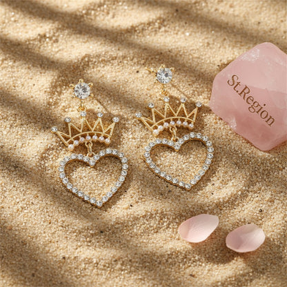 Pearl and Cubic Zirconia 18K Gold-Plated Crown Heart Drop Earrings, gold drop earrings for women, detail close-up