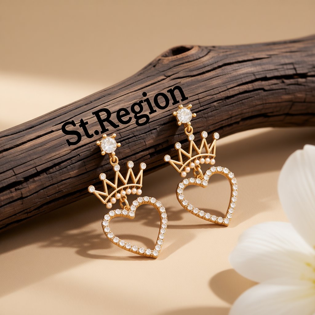 Pearl and Cubic Zirconia 18K Gold-Plated Crown Heart Drop Earrings, gold drop earrings for women, front view