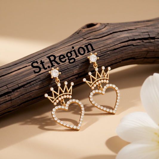 Pearl and Cubic Zirconia 18K Gold-Plated Crown Heart Drop Earrings, gold drop earrings for women, front view