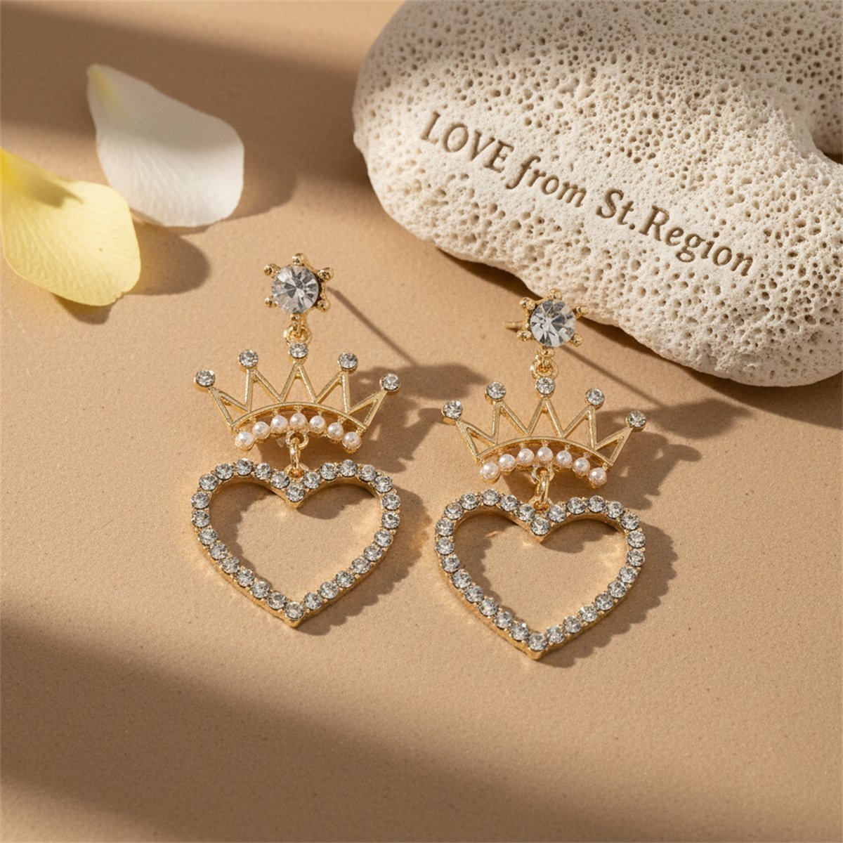 Pearl and Cubic Zirconia 18K Gold-Plated Crown Heart Drop Earrings, gold drop earrings for women, lifestyle look