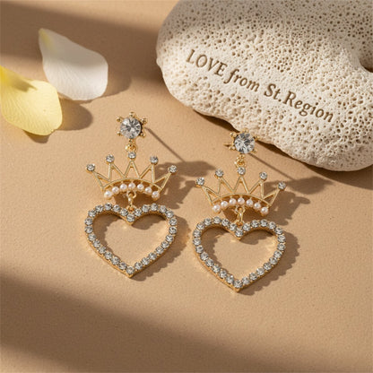 Pearl and Cubic Zirconia 18K Gold-Plated Crown Heart Drop Earrings, gold drop earrings for women, lifestyle look