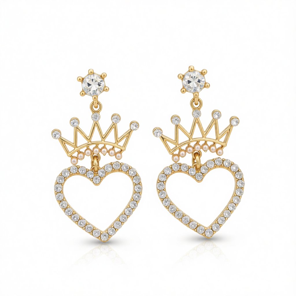 Pearl and Cubic Zirconia 18K Gold-Plated Crown Heart Drop Earrings, gold drop earrings for women, side view