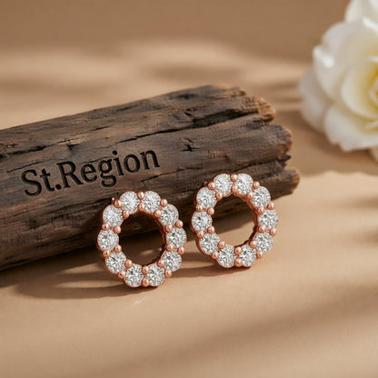 Cubic Zirconia and 18K Rose Gold-Plated Circle Stud Earrings, rose gold stud earrings for women, everyday style, front view