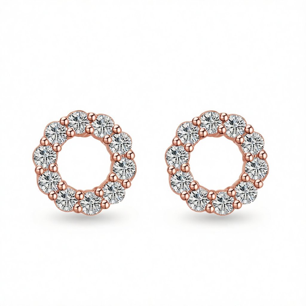 Cubic Zirconia and 18K Rose Gold-Plated Circle Stud Earrings, rose gold stud earrings for women, everyday style, side view