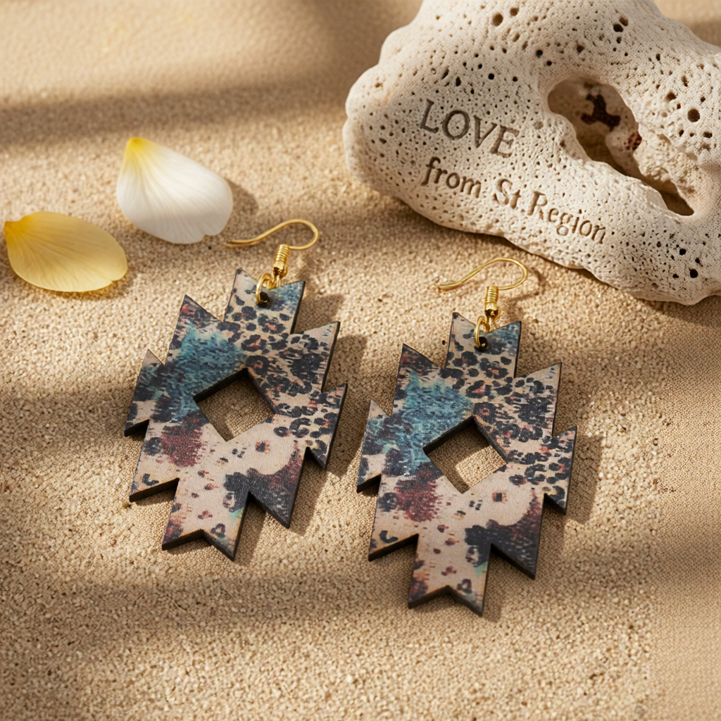 Brown Wood & 18K Gold-Plated Leopard Print Geometric Drop Earrings
