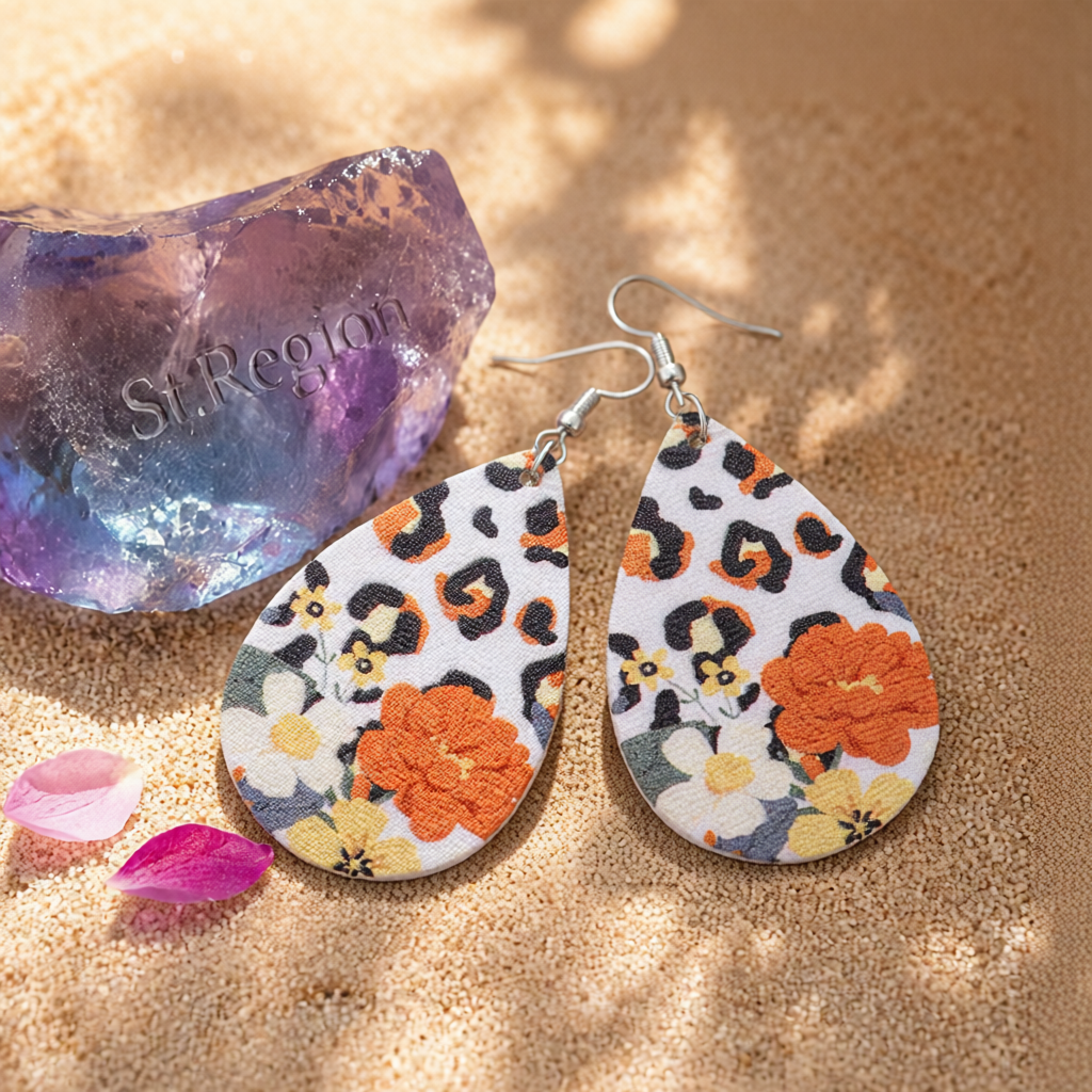 Orange Polystyrene & Silver-Plated Leopard Flowers Drop Earring