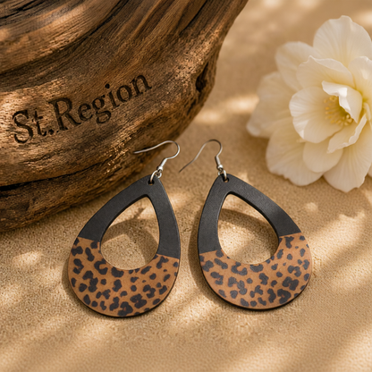 Black Wood & Silver-Plated Leopard Loop Drop Earrings