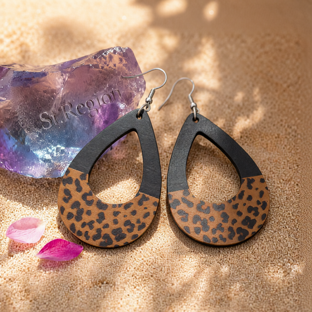 Black Wood & Silver-Plated Leopard Loop Drop Earrings