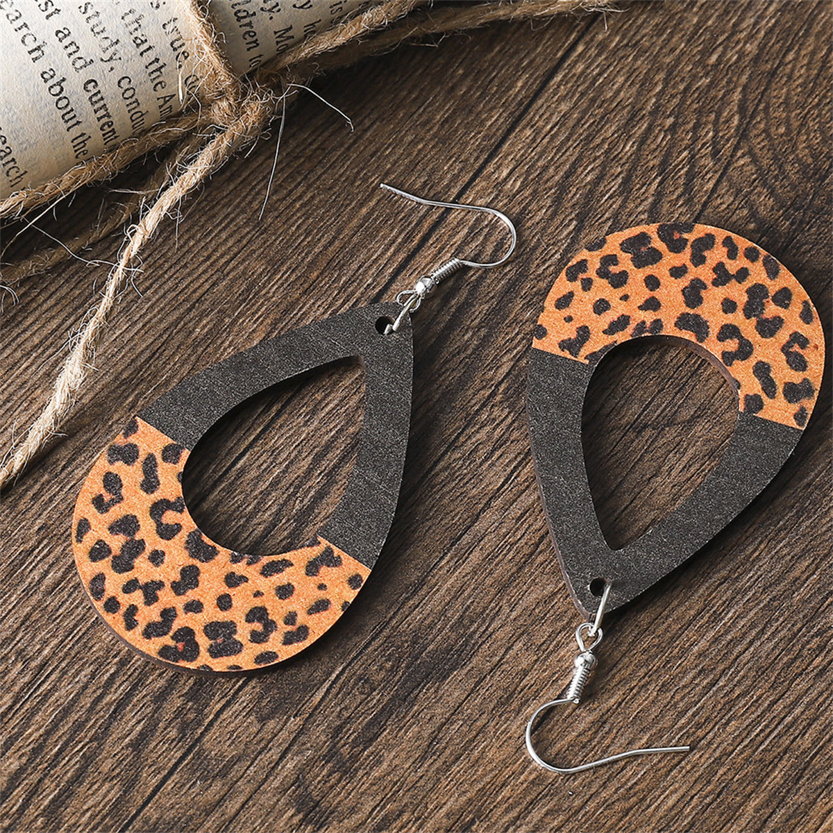 Black Wood & Silver-Plated Leopard Loop Drop Earrings