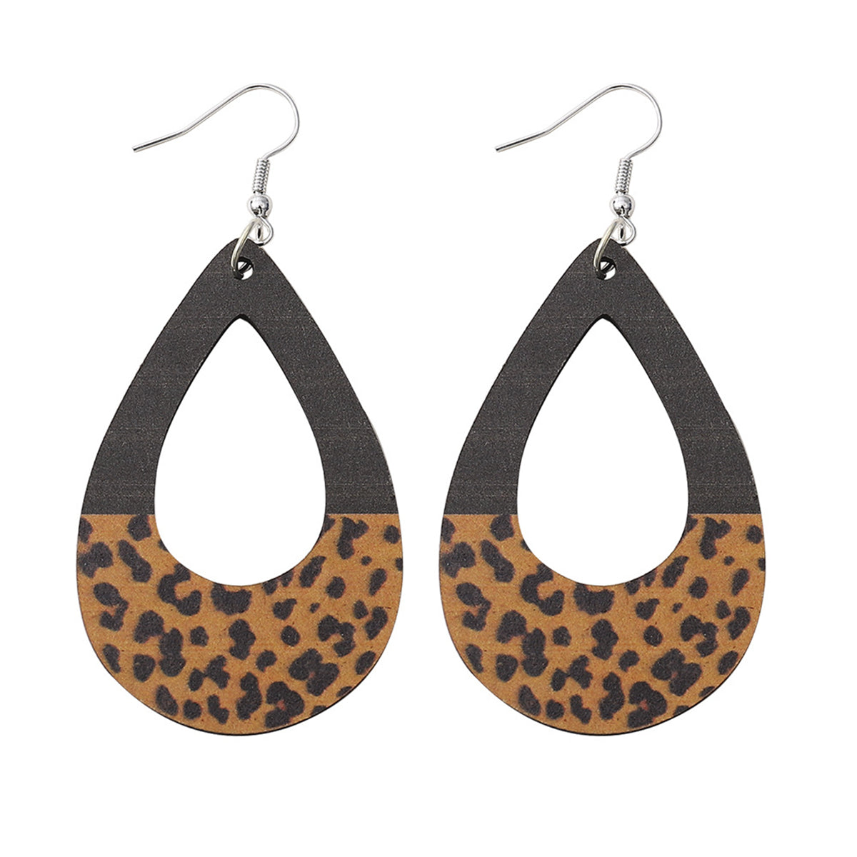 Black Wood & Silver-Plated Leopard Loop Drop Earrings