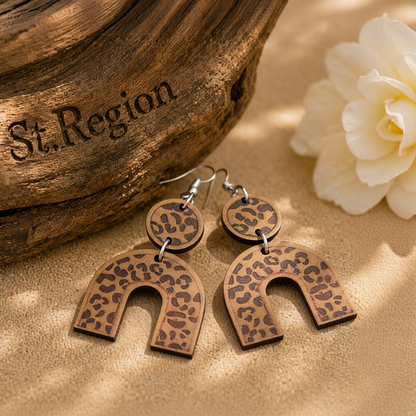 Brown Wood & Silver-Plated Leopard U-Shape Drop Earrings