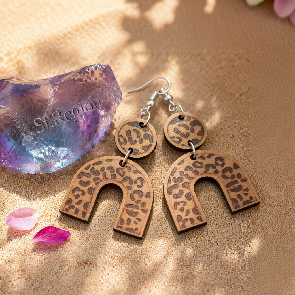 Brown Wood & Silver-Plated Leopard U-Shape Drop Earrings