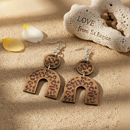 Brown Wood & Silver-Plated Leopard U-Shape Drop Earrings
