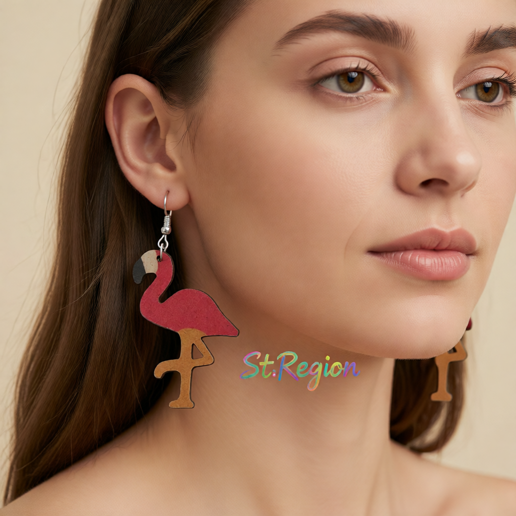 Pink Wood & Silver-Plated Flamingo Drop Earrings