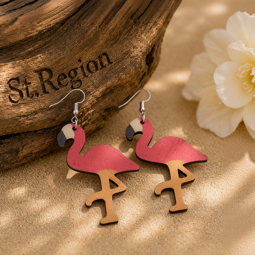 Pink Wood & Silver-Plated Flamingo Drop Earrings