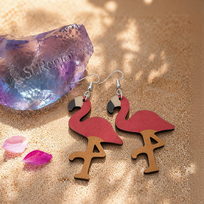 Pink Wood & Silver-Plated Flamingo Drop Earrings