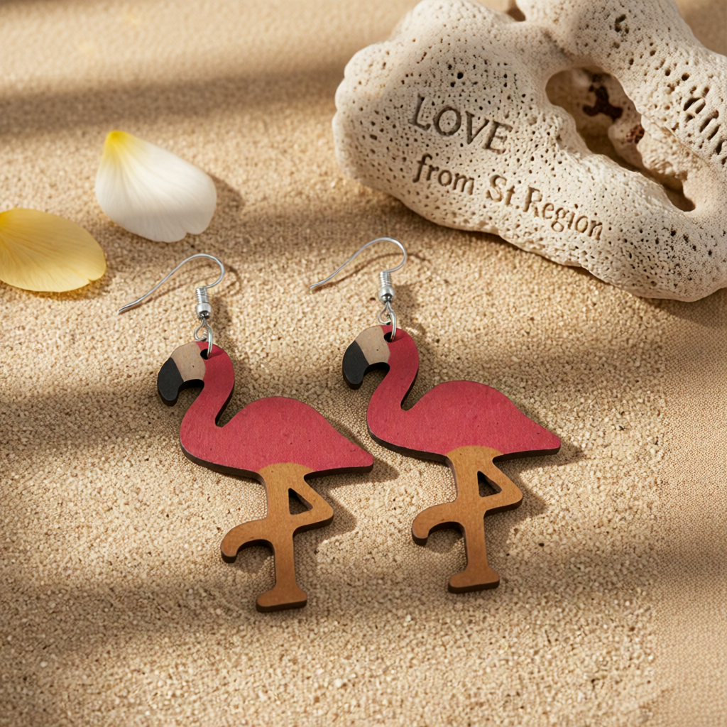 Pink Wood & Silver-Plated Flamingo Drop Earrings