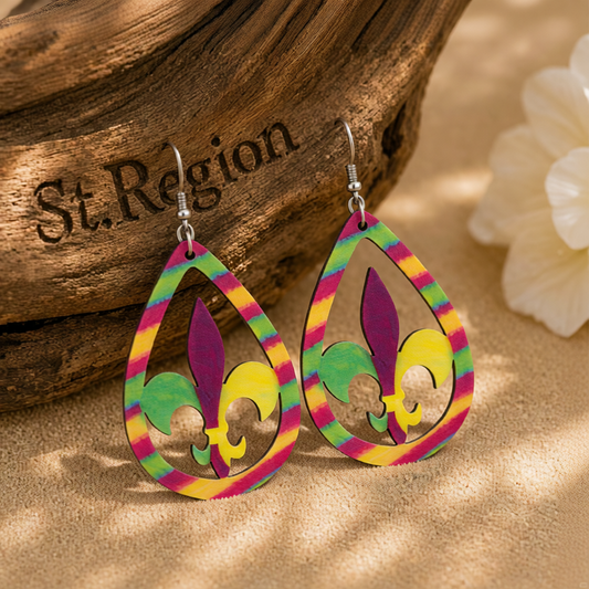 Yellow & Purple Fleur-De-Lis Stripe Drop Earrings