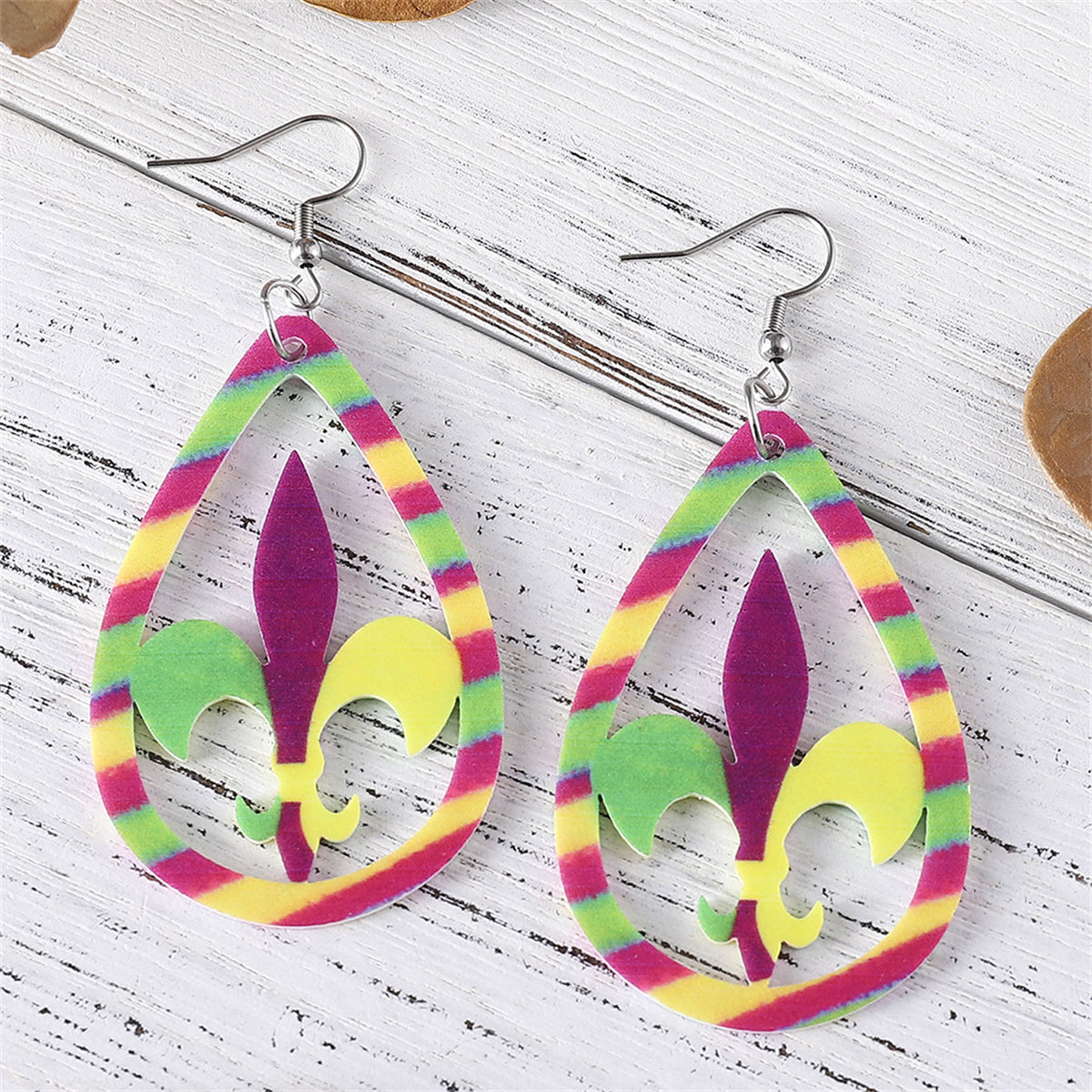 Yellow & Purple Fleur-De-Lis Stripe Drop Earrings
